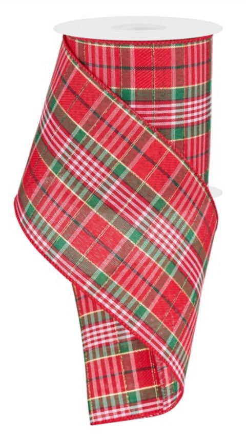 Red, Emerald, White & Gold Plaid Wired Ribbon - 4" x 10yds