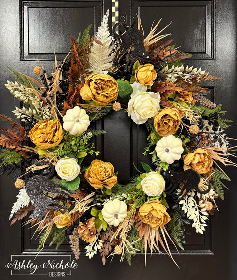 Black Cats & Autumn Blooms Wreath