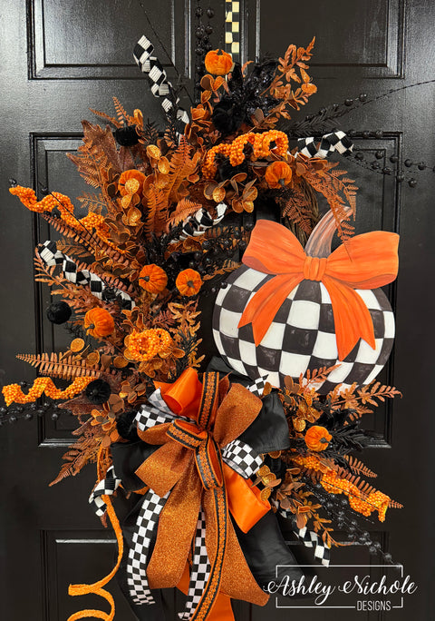 Black & White Check Pumpkin Wreath