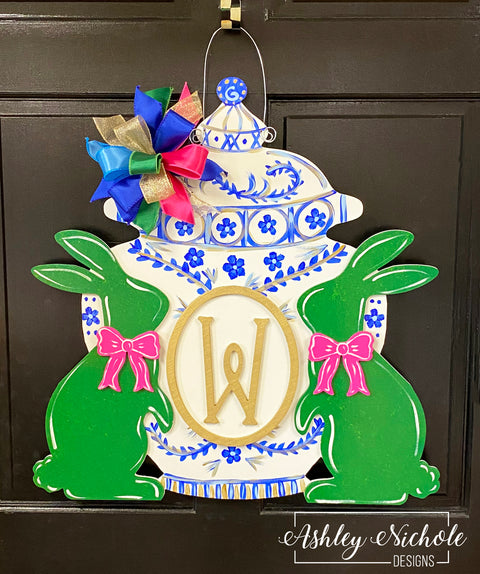 Boxwood Bunnies with Ginger Jar INITIAL Door Hanger