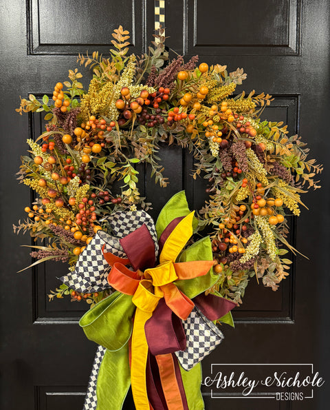Burgundy & Cream Seed Berry Fall Foliage Wreath - 26"