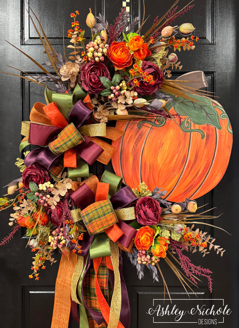 Burgundy & Orange Elegant Pumpkin Wreath