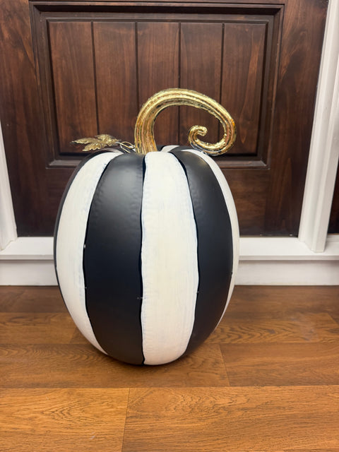 20" Metal Cut Out Pumpkin Lantern - Black & White Striped