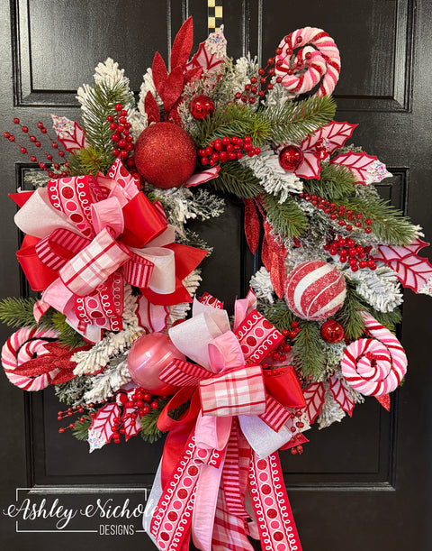 Candy Cane - Pink & Red Christmas Round Wreath