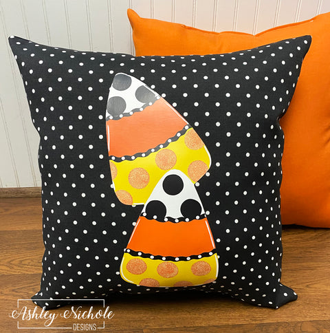 Custom Pillow - Candy Corn Stack on Black & White Mini Dot Outdoor Fabric