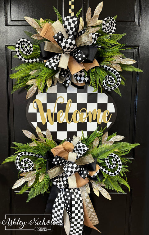 Checkered Welcome Plaque Everyday Wreath - Black & White