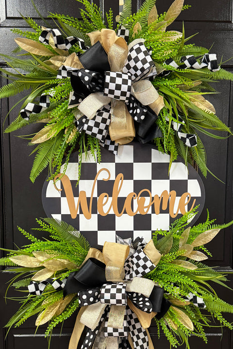 Checkered Welcome Plaque Everyday Wreath - Black & White