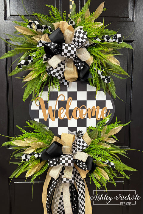 Checkered Welcome Plaque Everyday Wreath - Black & White