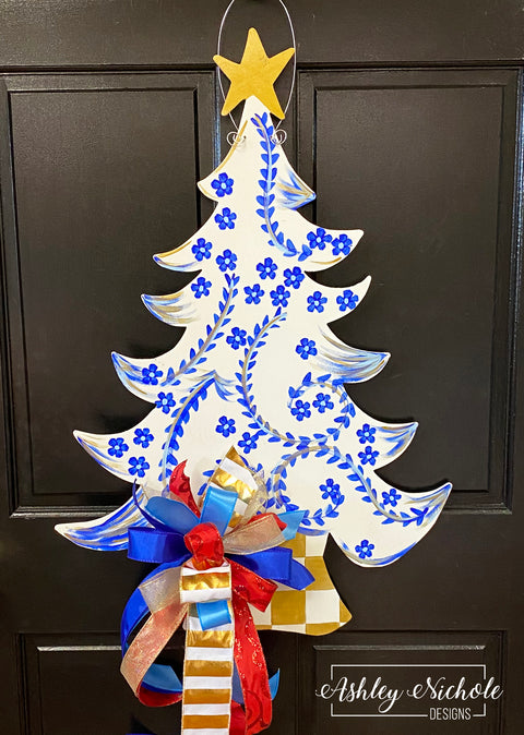 Chinoiserie Christmas Tree Blue and White Door Hanger (Hand Painted)