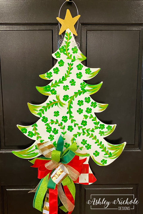 Chinoiserie Christmas Tree Green and White Door Hanger - (Hand Painted)