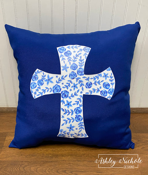 Custom Pillow - Chinoiserie Cross on Cobalt Blue Outdoor Fabric