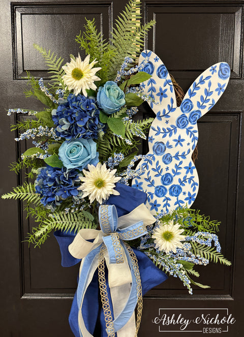 Chinoiserie Inspired BUNNY Wreath - BLUE