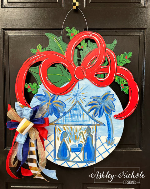 Chinoiserie Nativity & Holly Christmas Door Hanger (Hand-Painted)