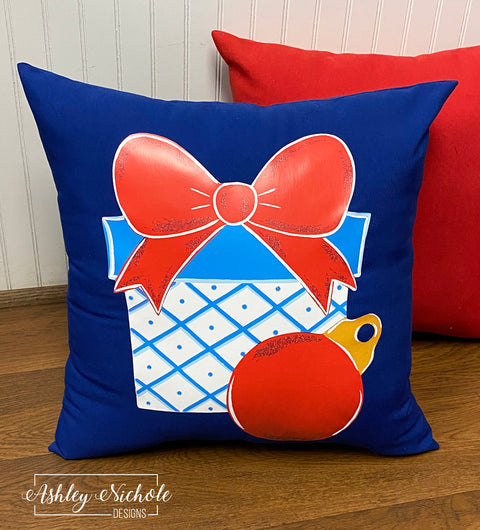 Custom - Chinoiserie Present & Ornament Pillow on Royal Blue Outdoor Fabric