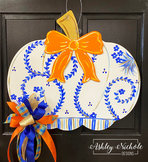 **Elegant Fall Chinoiserie Pumpkin Door Hanger