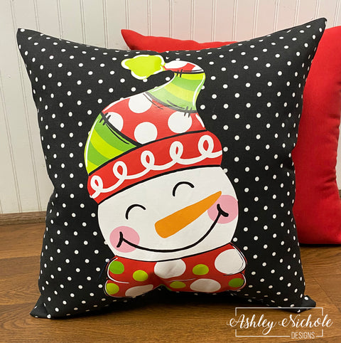 Custom - Christmas Patchwork Snowman Pillow on Black & White Mini Dot Outdoor Fabric