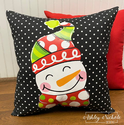 Custom Pillow - Christmas Patchwork Snowman on Black & White Mini Dot Outdoor Fabric