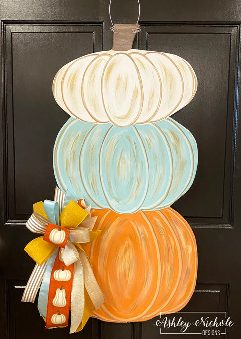 Cool Tones Autumn Pumpkin Stack Door Hanger - (Blue/Orange/Cream)