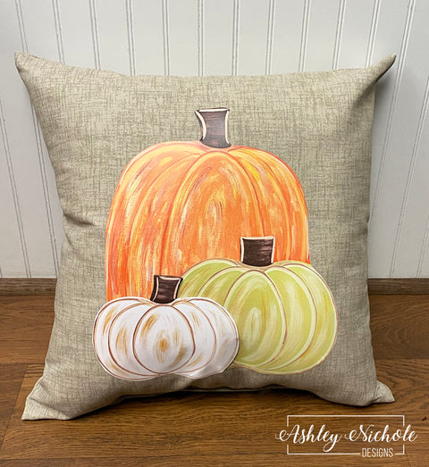 Custom Pillow - Cool Tones Pumpkins (Green/Orange/Cream) on Beechwood Tan Outdoor Fabric
