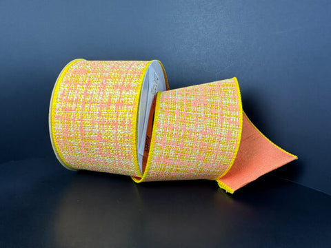 Yellow & Peach Tweed on Peach Dupioni Wired Ribbon - 2.5" x 10yds