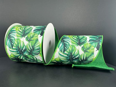 Palm Leaves w/ Green Linen Backing Wired Ribbon - 4" x 10yds