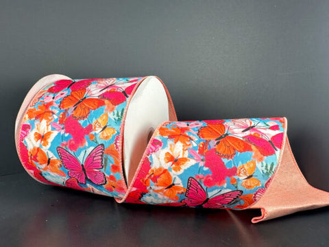 Oil Painted Butterflies w/ Coral Linen Backing Wired Ribbon - 4" x 10yds