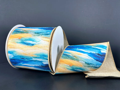 Oil Painted Ocean Waves Wired Ribbon - 4" x 10yds