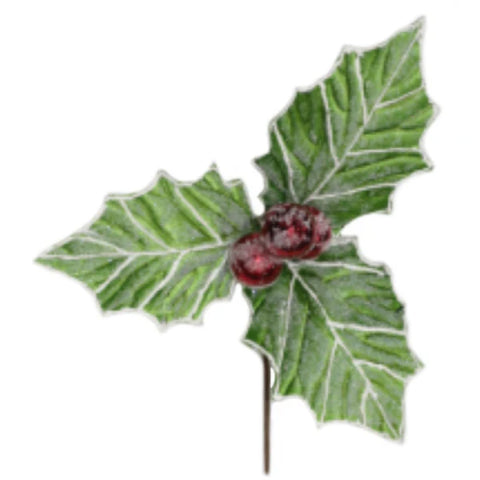 15" Frosted Holly Pick - Green/Red