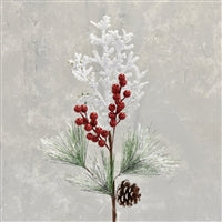 23.25" Flocked Pine & Cedar Spray With Pinecone & Red Berries - Red, Green & White