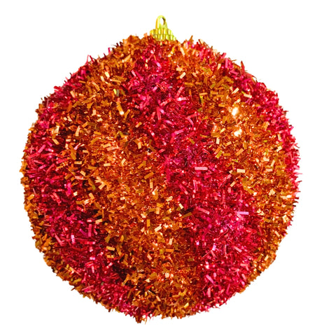 4.25" Cut Tinsel Rippled Striped Ball Ornament - Hot Pink & Orange