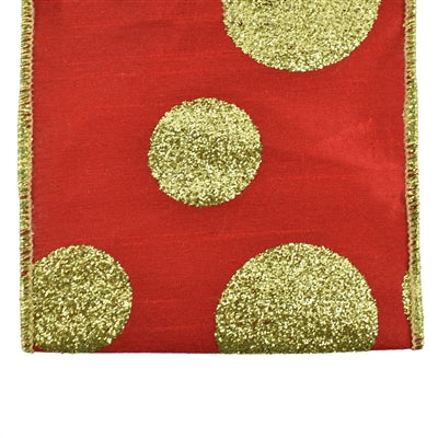 Red Faux Dupioni w/ Lime Glitter Dots Wired Ribbon - 4" x 10yds