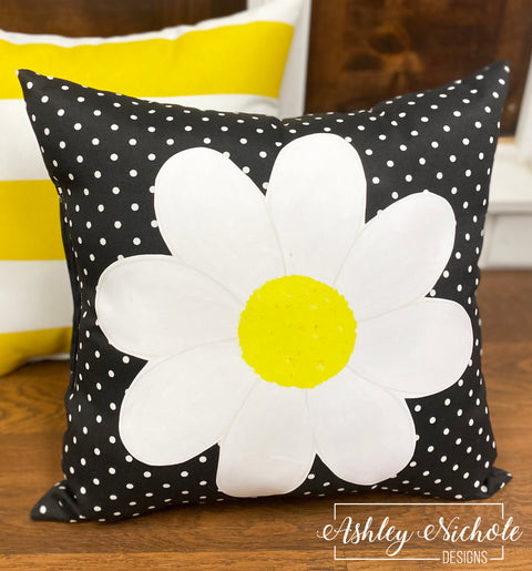 Custom Pillow - Daisy Bloom on Black & White Mini Dot Outdoor Fabric