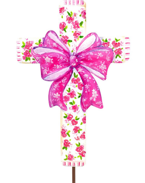 Pink Roses Cross With Bow Metal Stake