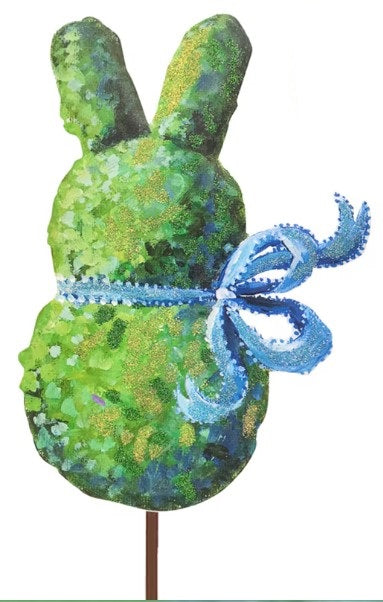 Boxwood Bunny With Blue Bow Metal Stake