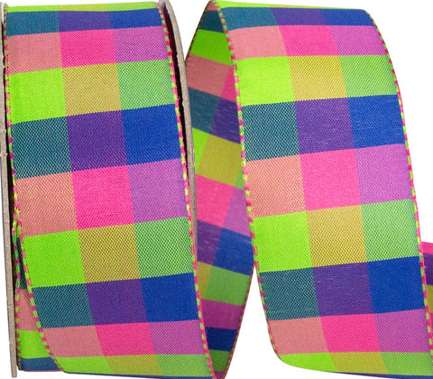 Pink, Royal Blue & Lime Green Celine Check Wired Ribbon - 1.5" x 25yds