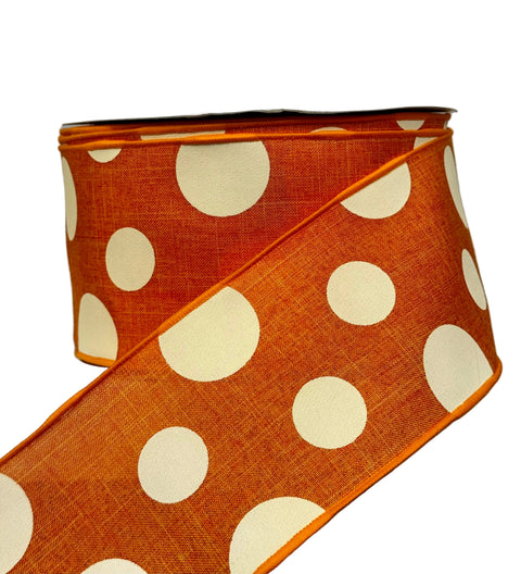Orange Burlap w/ Cream Polka Dots Wired Ribbon - 4" x 50yds