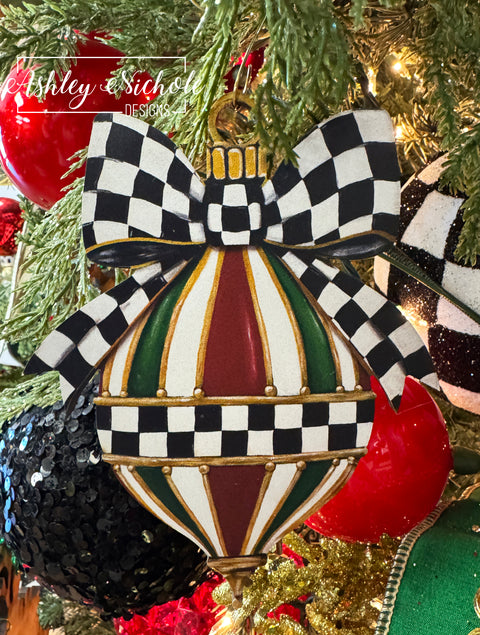 Elegant Checkered Christmas Finial - Wooden Christmas Ornament