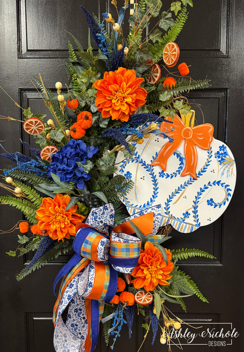 Elegant Fall Chinoiserie Pumpkin Wreath