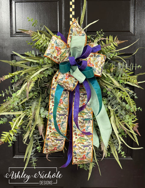 Eucalyptus and Fern Greenery Wreath - Jewel Tones & Neutrals Bow