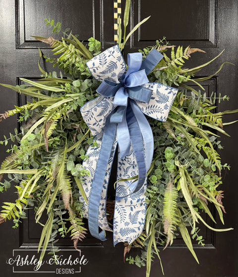 Eucalyptus and Fern Greenery Wreath - Shades of Blue Bow