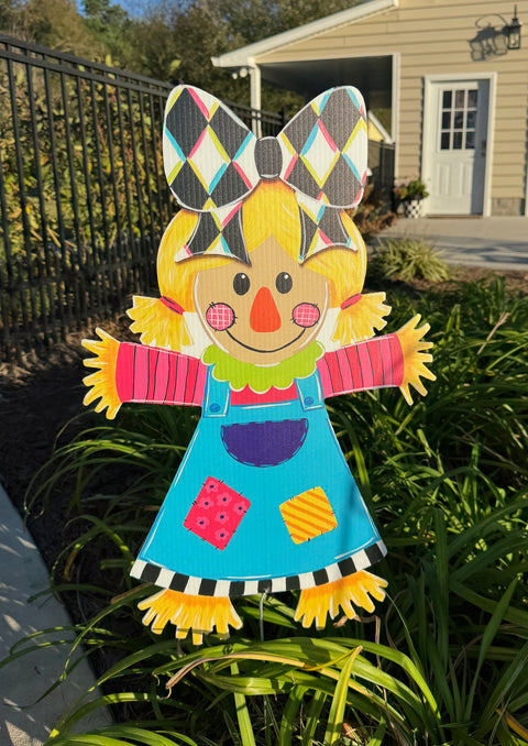 Bright Patchwork Scarecrow Girl - Corrugated Coroplast Yard Stake