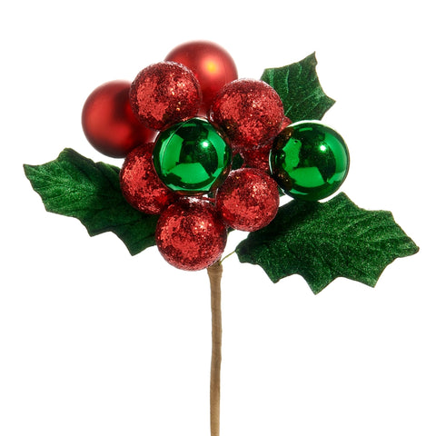 10" Ball Ornament Cluster Holly Pick - Green/Red