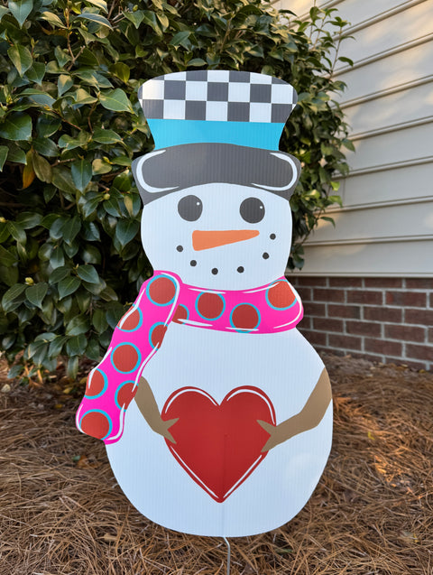 Snowman and Heart - Winter Corrugated Coroplast Yard Stake