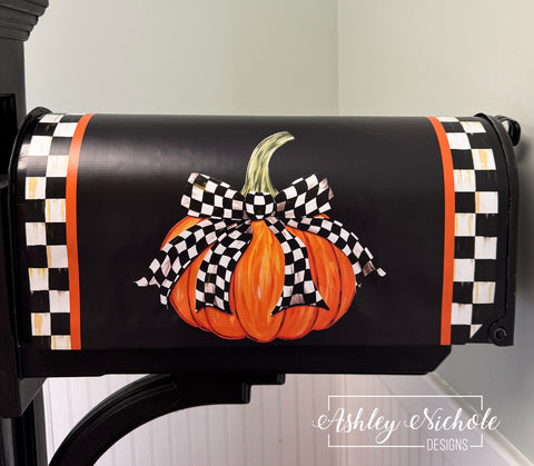 Fancy Bow - CHECKERED - Pumpkin - Magnetic Vinyl Mailbox Cover