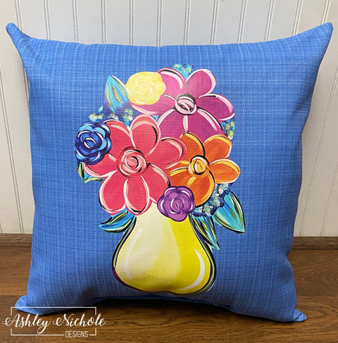 Custom Pillow - Full Bloom Flower Pot on Courtyard Blue Outdoor Fabric