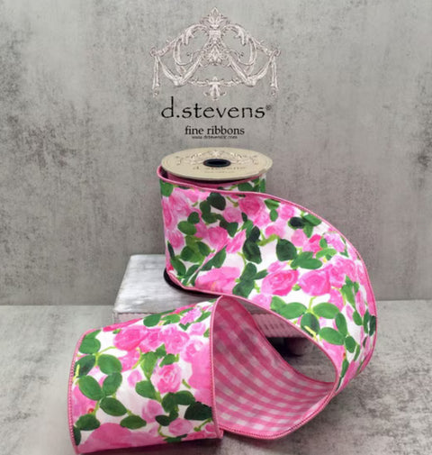 Pink Roses w/ Pink & White Back Wired Ribbon - 4" x 10yds
