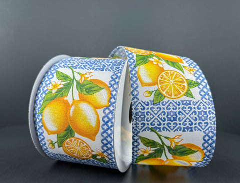 Blue Tile Squares w/ Lemons on White Satin Wired Ribbon - 2.5" x 10yds