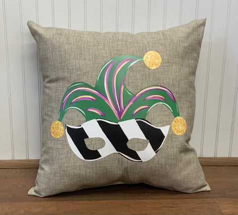 Custom Pillow - Fleur de Lis - Mardi Gras Mask on Beechwood Tan Outdoor Fabric