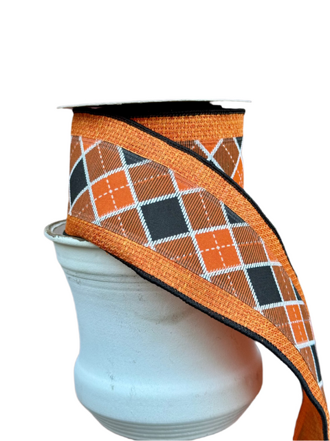Orange & Black Burlap Plaid w/ Orange Edge Wired Ribbon - 2.5” x 10yds
