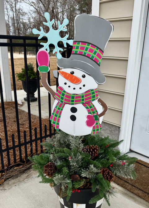 Snowflakes & Plaid Snowman - Winter Corrugated Coroplast Yard Stake